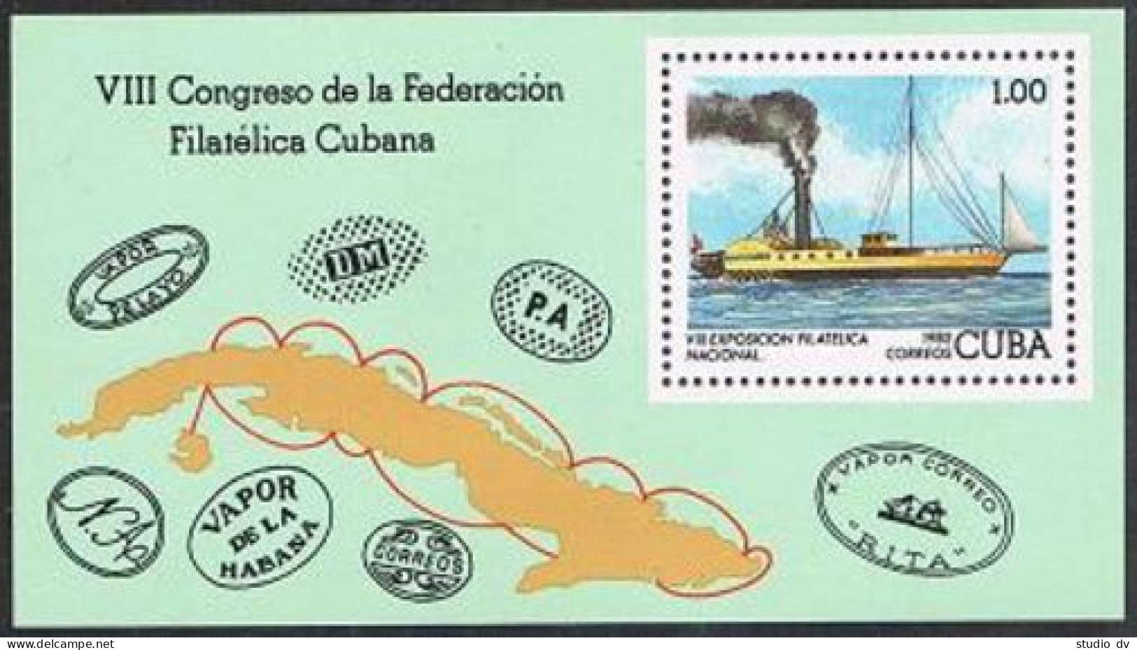 Cuba 2558,M NH. Mi 2707 Bl.74. StampEXPO-1982. Paddle Steamer Almendares, Map. - Neufs