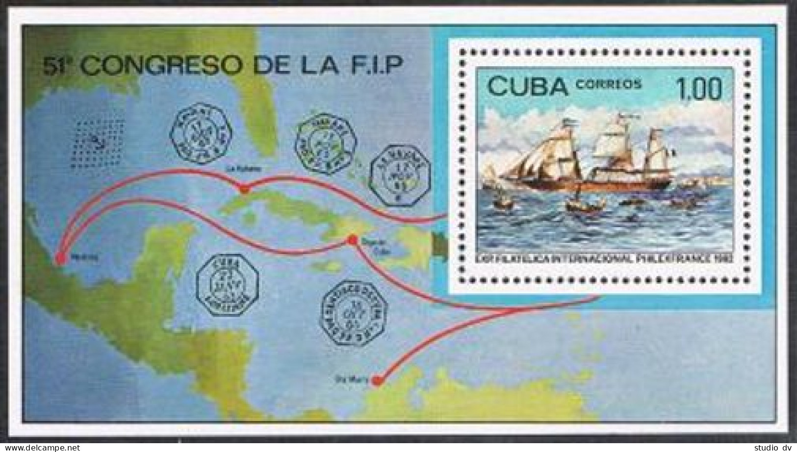 Cuba 2516, MNH. Michel 2665 Bl.72. PHILEXFRANCE-1982, Steamship Louisiana, Map. - Ongebruikt