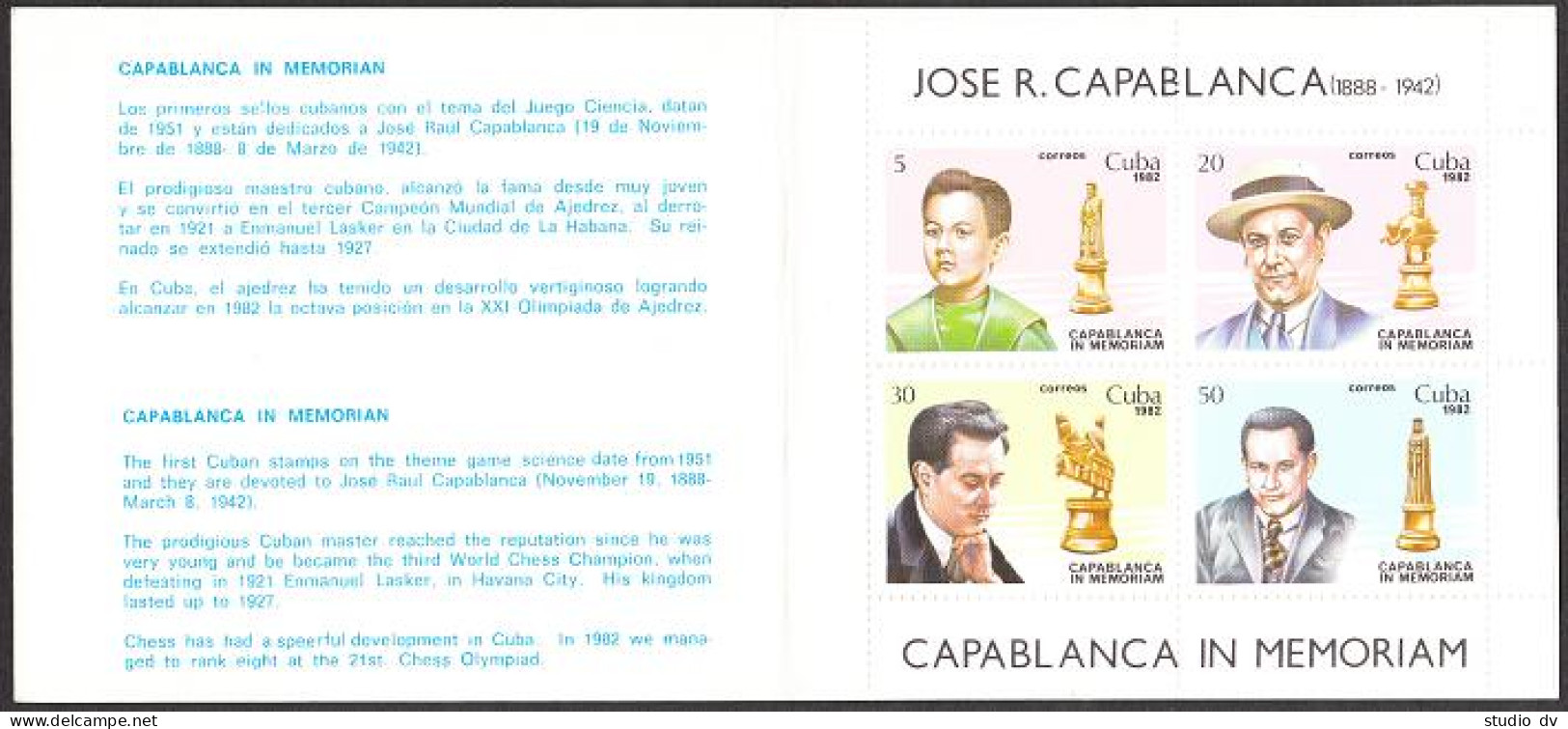 Cuba 2560-2563a Booklet, MNH. Mi 2709-2712 MH. Chess Champion Capablanca, 1982. - Ongebruikt