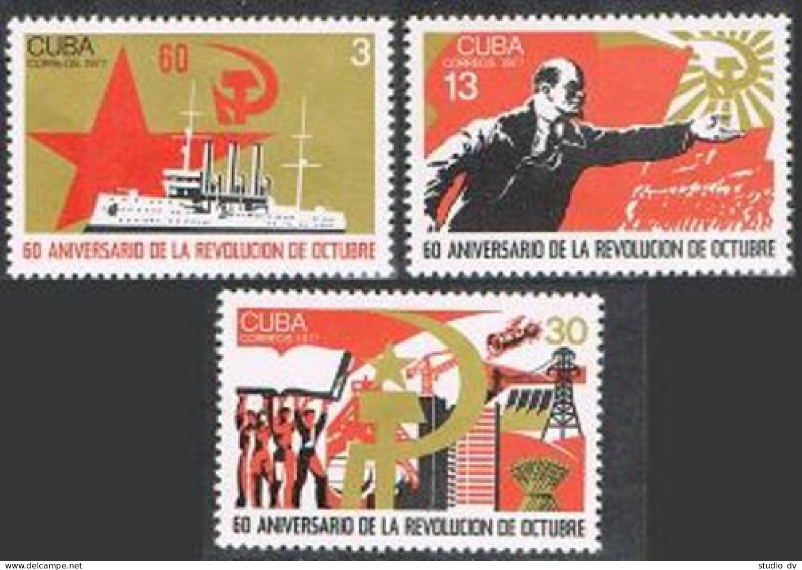 Cuba 2164-2166, MNH. Mi 2254-2256. October Revolution-60, 1977. Lenin, AURORA. - Unused Stamps