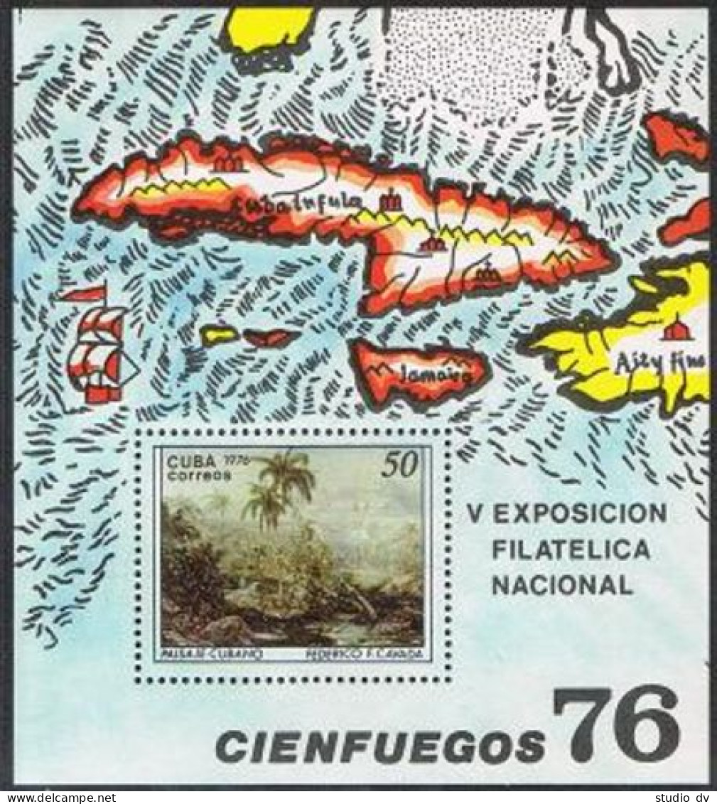 Cuba 2105, MNH. Michel Bl.48. CIENFUEGOS-1976: Cuban Landscape, F.Cadava. Map. - Nuovi