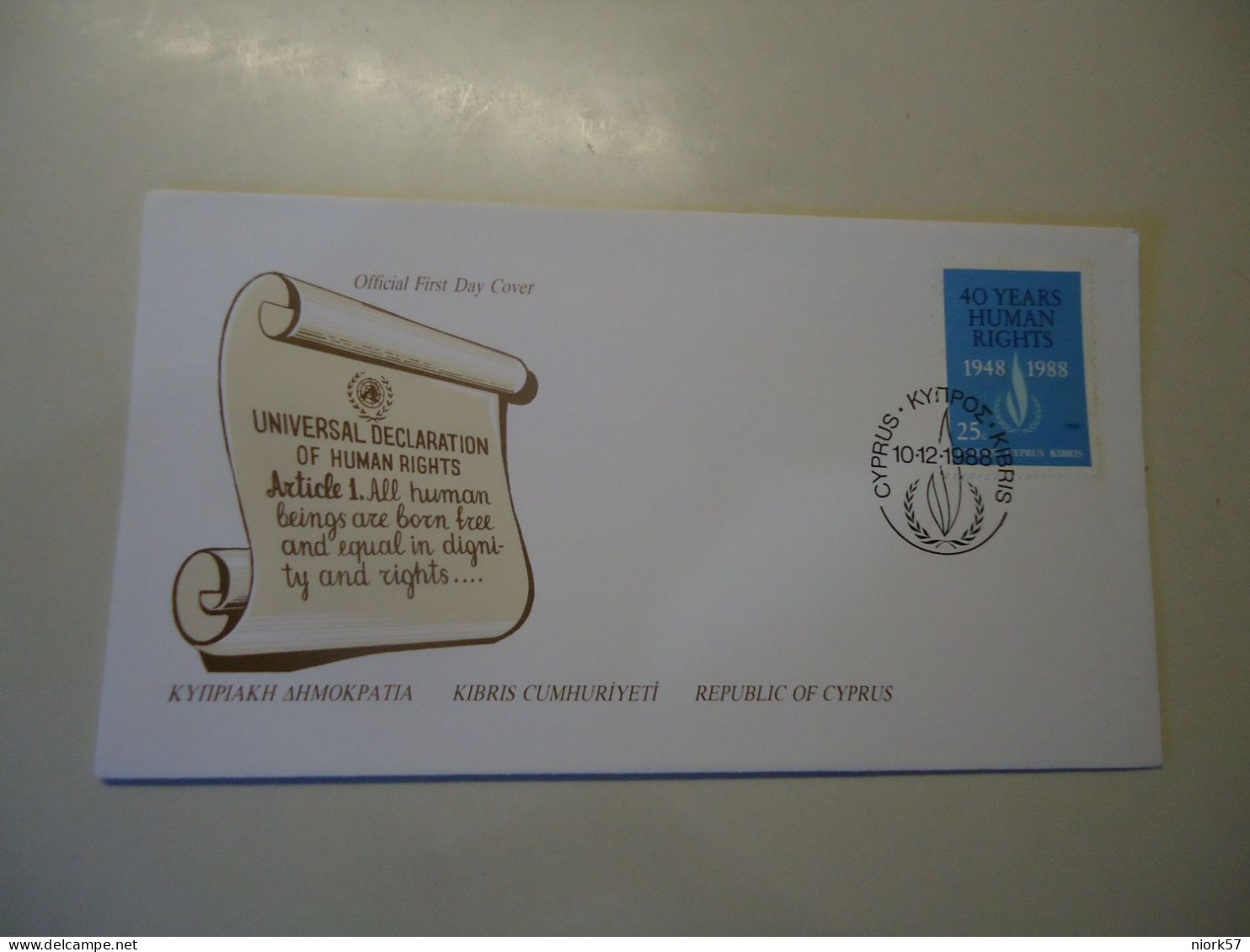 CYPRUS FDC  HUMAN RIGHTS  1988 - Covers & Documents