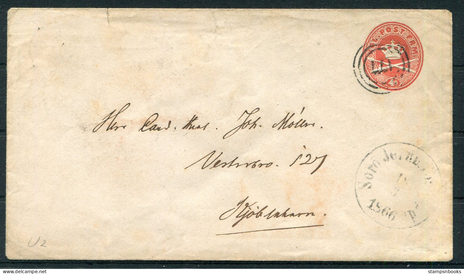 1866 Denmark 4sk Stationery Cover "177" Sorø Jernbane Railway - Copenhagen Via KBH.JB.PST.CT 34  - Covers & Documents