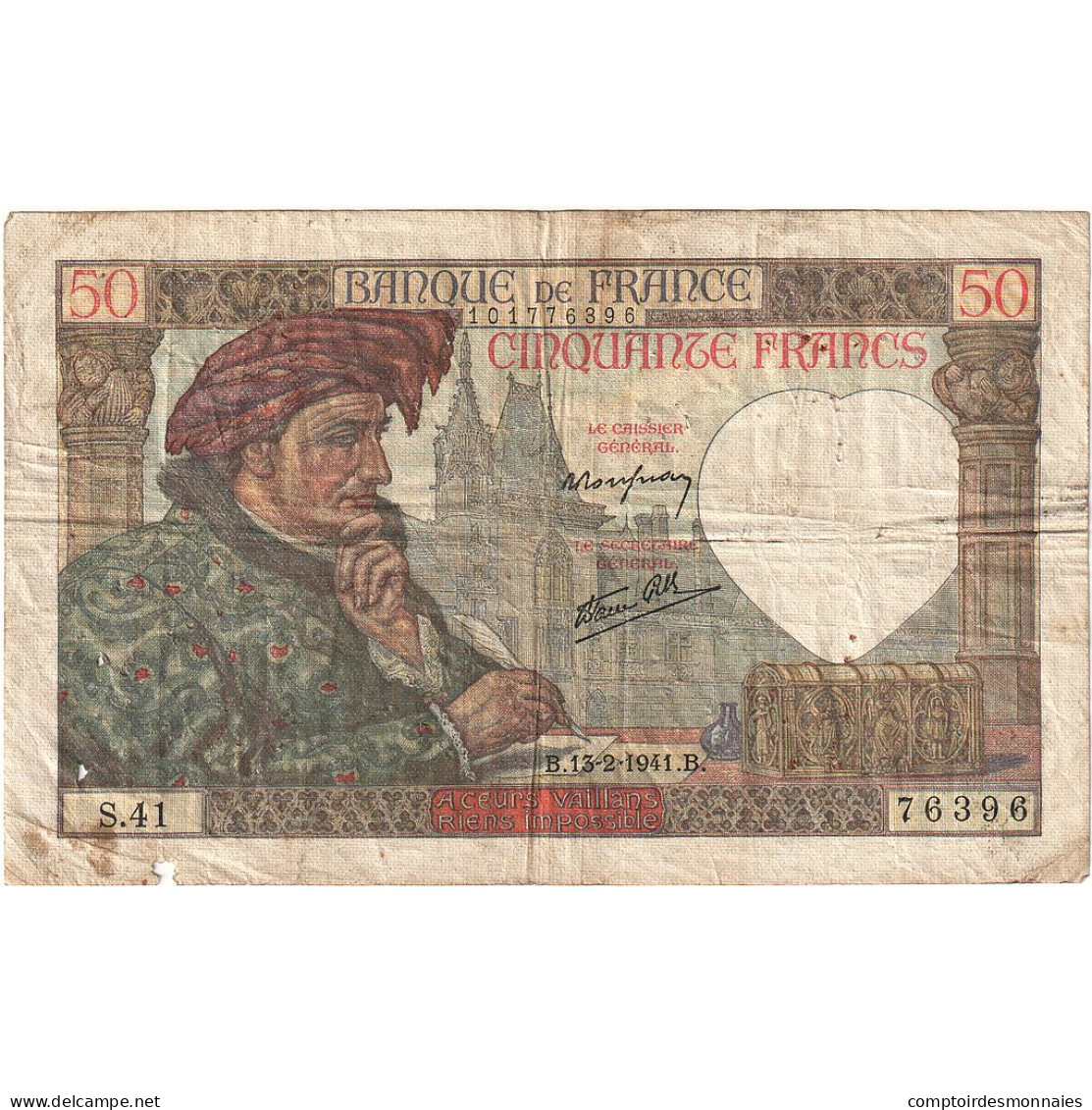 France, 50 Francs, Jacques Coeur, 1941, S.41, B+, Fayette:19.6, KM:93 - 50 F 1940-1942 ''Jacques Coeur''