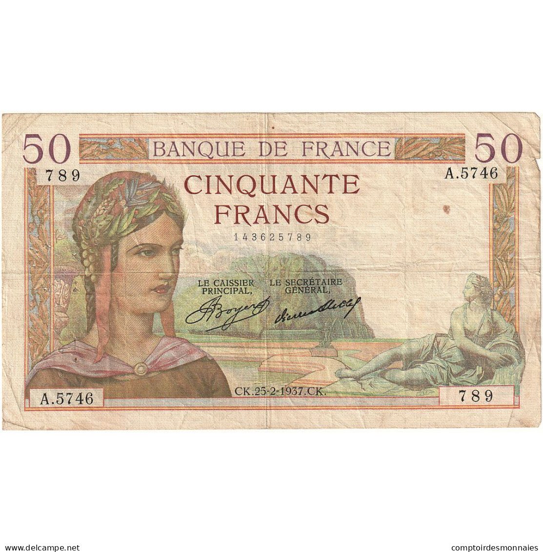 France, 50 Francs, Cérès, 1937, A.5746, TB, Fayette:17.35, KM:81 - 50 F 1934-1940 ''Cérès''