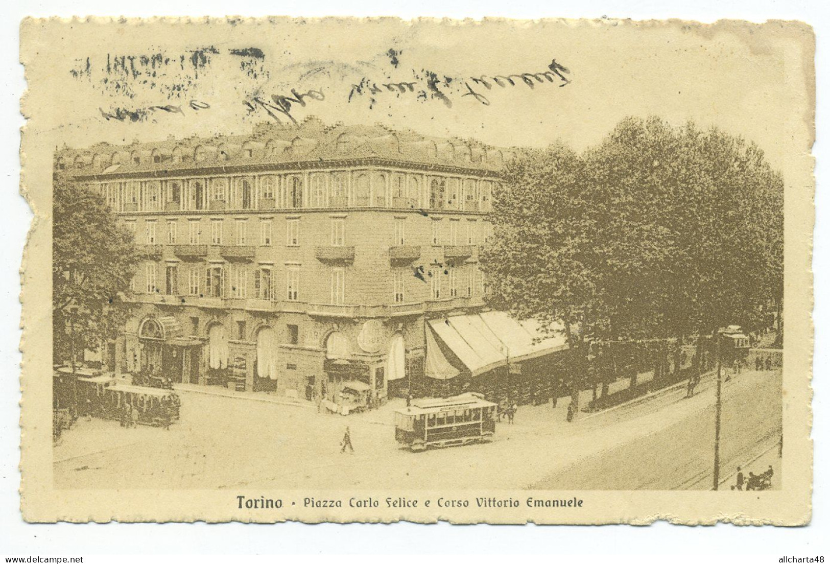 D7172] TORINO PIAZZA CARLO FELICE ANGOLO CORSO VITTORIO - ALBERGO LIGURE - TRAM Viaggiata 1924 - Orte & Plätze