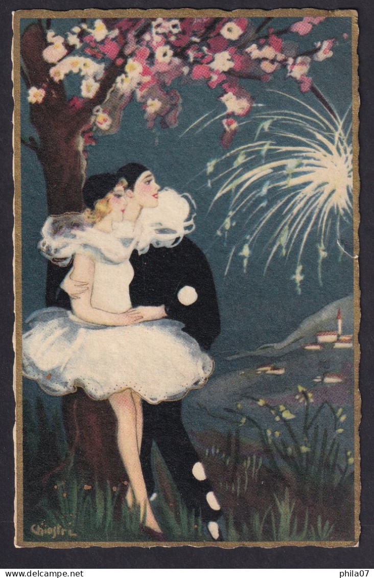 Chiostri, C. - Woman And Pierrot, Watching Fireworks / Ed. Ballereni&Fratini / Postcard Circulated, 2 Scans - Chiostri, Carlo