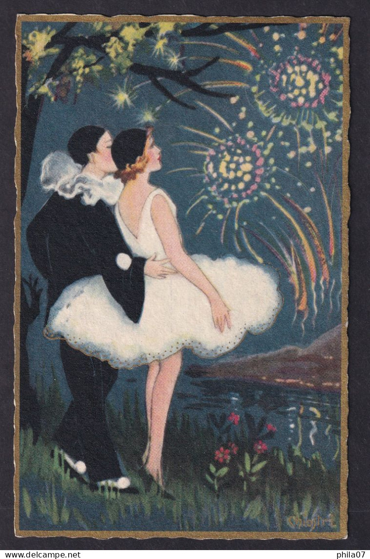 Chiostri, C. - Woman And Pierrot, Watching Fireworks / Ed. Ballereni&Fratini / Postcard Circulated, 2 Scans - Chiostri, Carlo