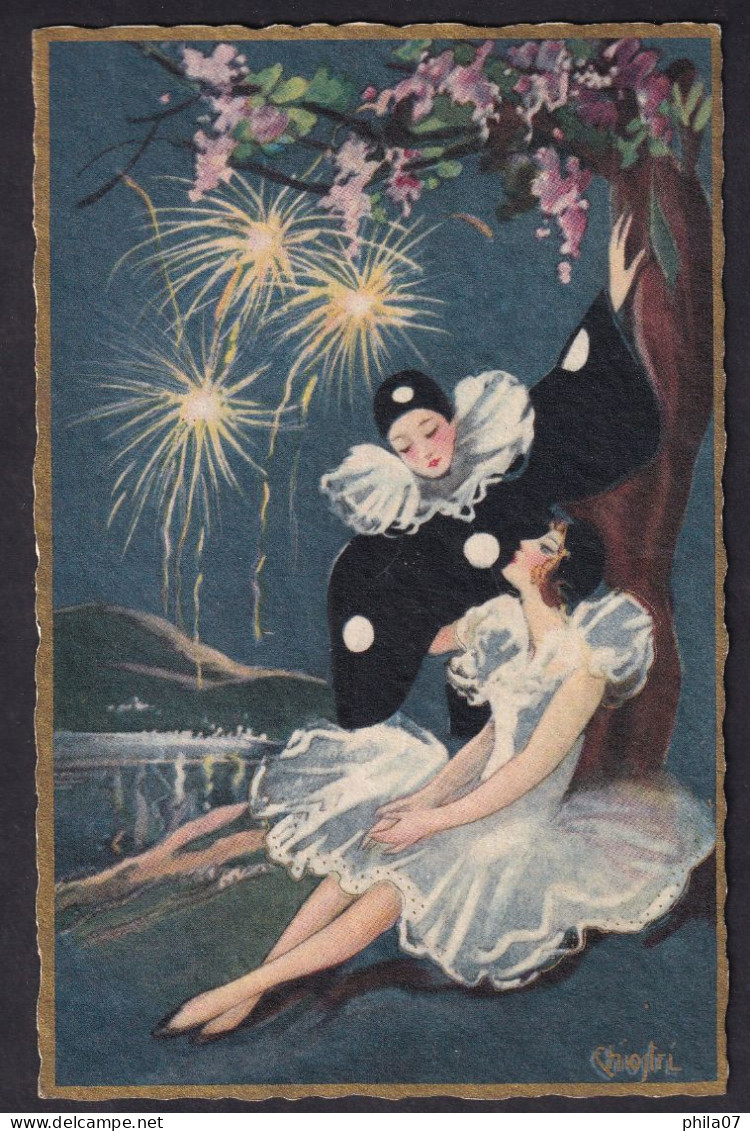 Chiostri, C. - Woman And Pierrot And Fireworks / Ed. Ballerini&Fratini / Postcard Circulated, 2 Scans - Chiostri, Carlo
