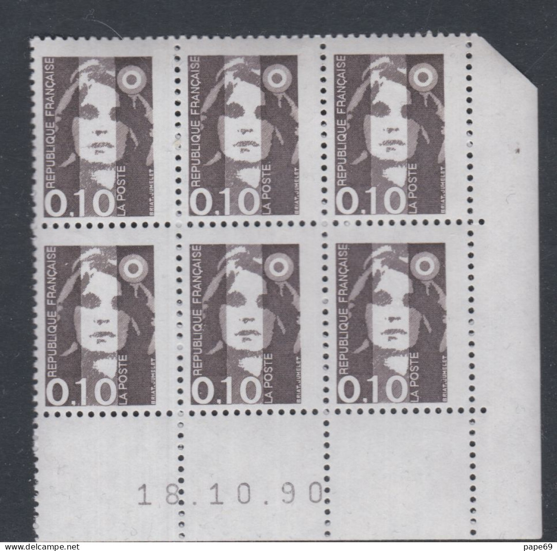 France N° 2617 XX Marianne De Briat  10 C. Bistre-noir En Bloc De 6 Coin Daté Du  18 - 10 - 90 ;  Sans Charnière TB - 1990-1999