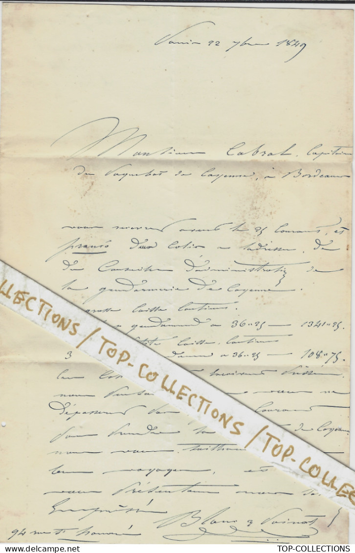 NAVIGATION COMMERCE COLONIES  1849 De Paris Pour Cabrol Capitaine Armateur Des Paquebots De Cayenne Guyane à Bordeaux - 1800 – 1899