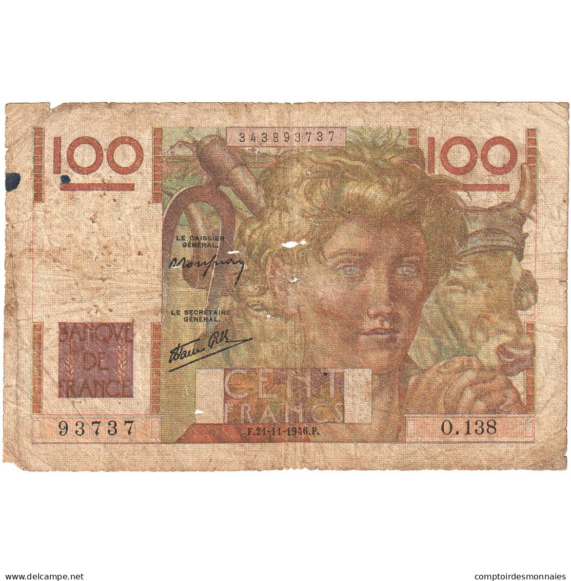France, 100 Francs, Jeune Paysan, 1946, O.138, AB, Fayette:28.11, KM:128a - 100 F 1945-1954 ''Jeune Paysan''