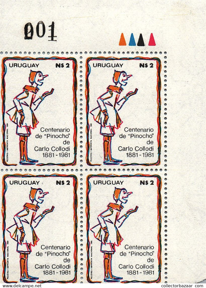 PINOCCHIO BY CARLO COLLODI LITERATURE PUPPET CENTENARY URUGUAY Sc#1123 MNH Block Of 4 Stamps - Uruguay