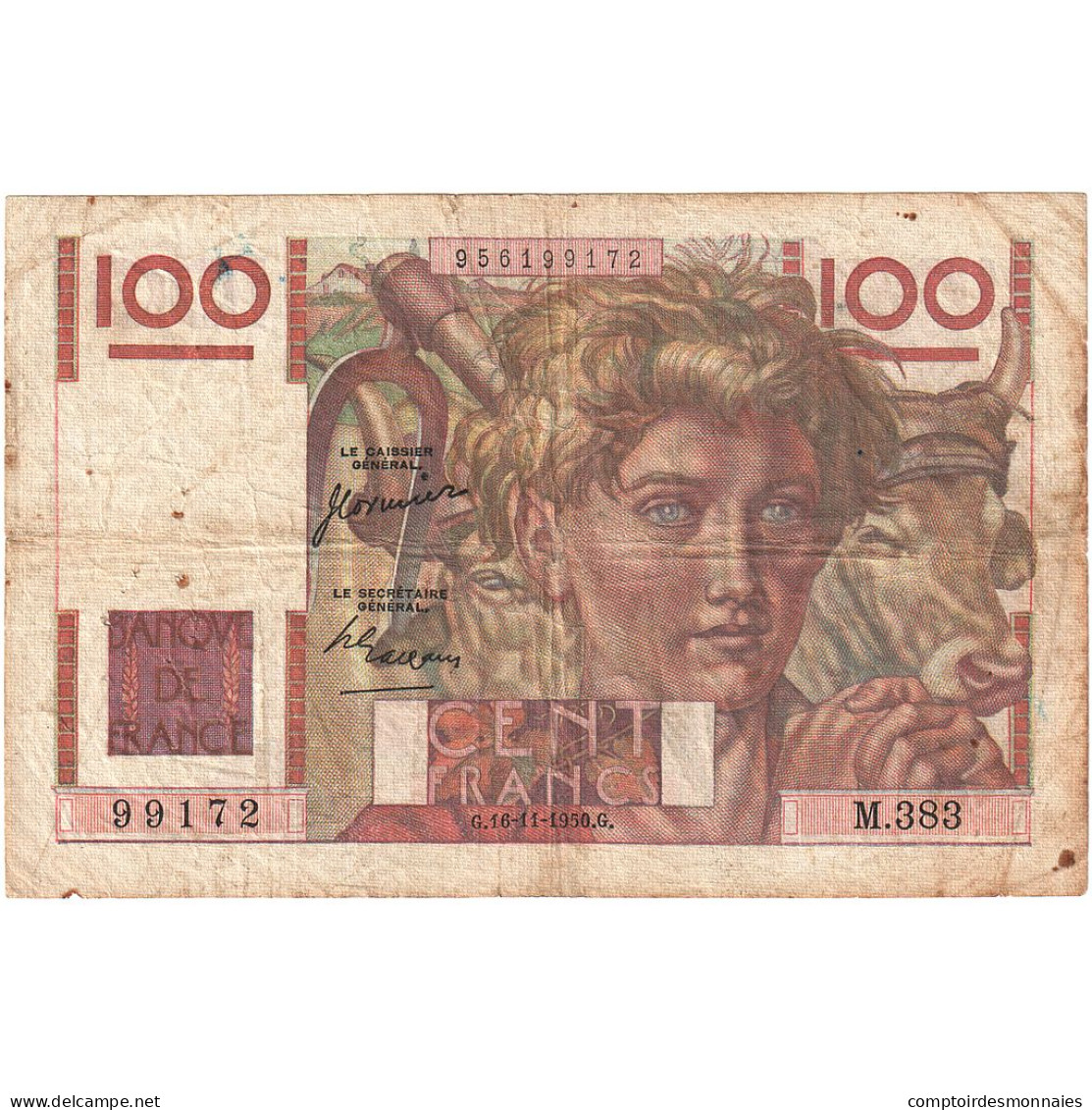 France, 100 Francs, Jeune Paysan, 1950, M.383, B+, Fayette:28.28, KM:128c - 100 F 1945-1954 ''Jeune Paysan''