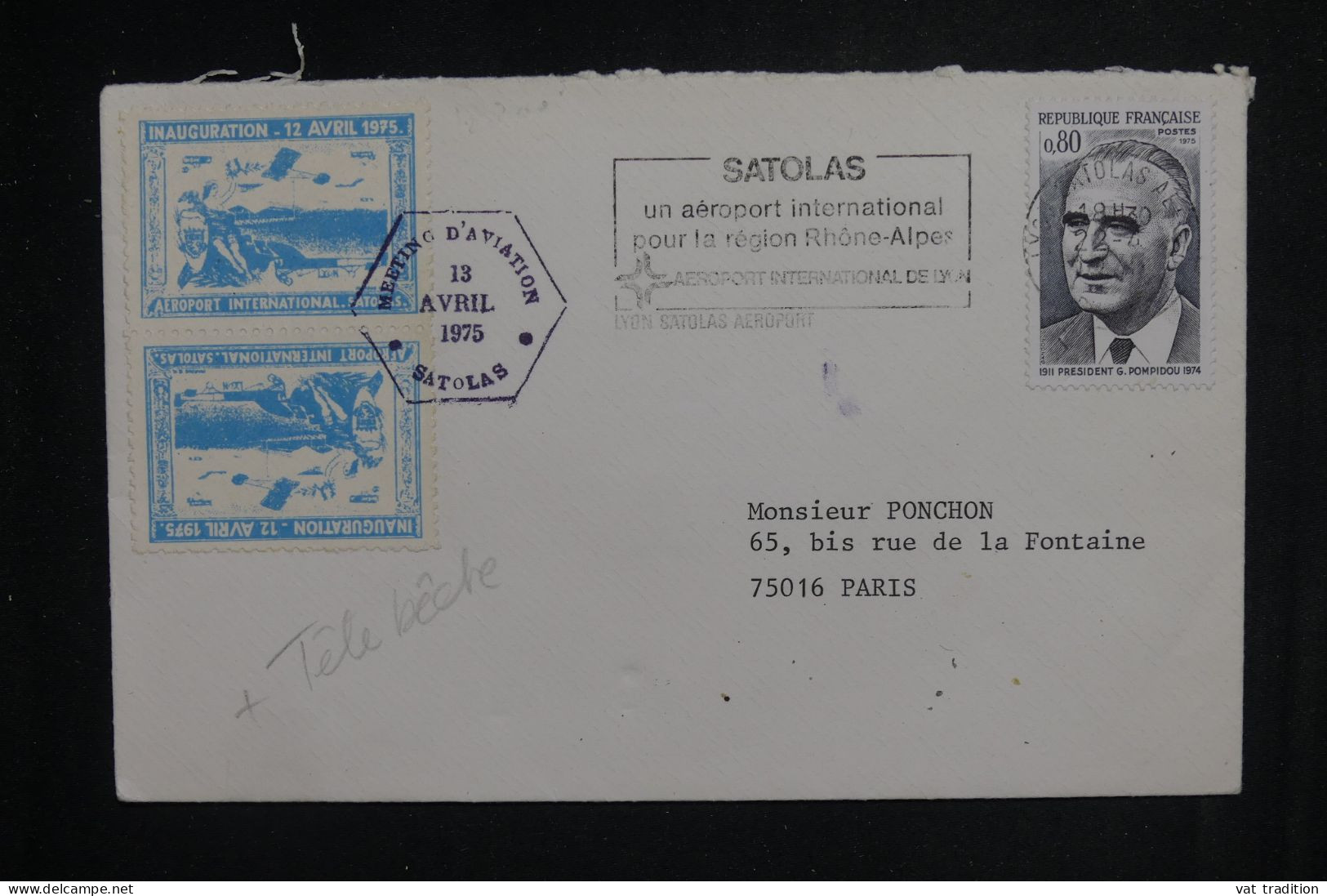 FRANCE - Paire De Vignettes En Tête Bêche Sur Enveloppe De L'Aéroport De Lyon Satolas En 1975 - L 150343 - Brieven En Documenten