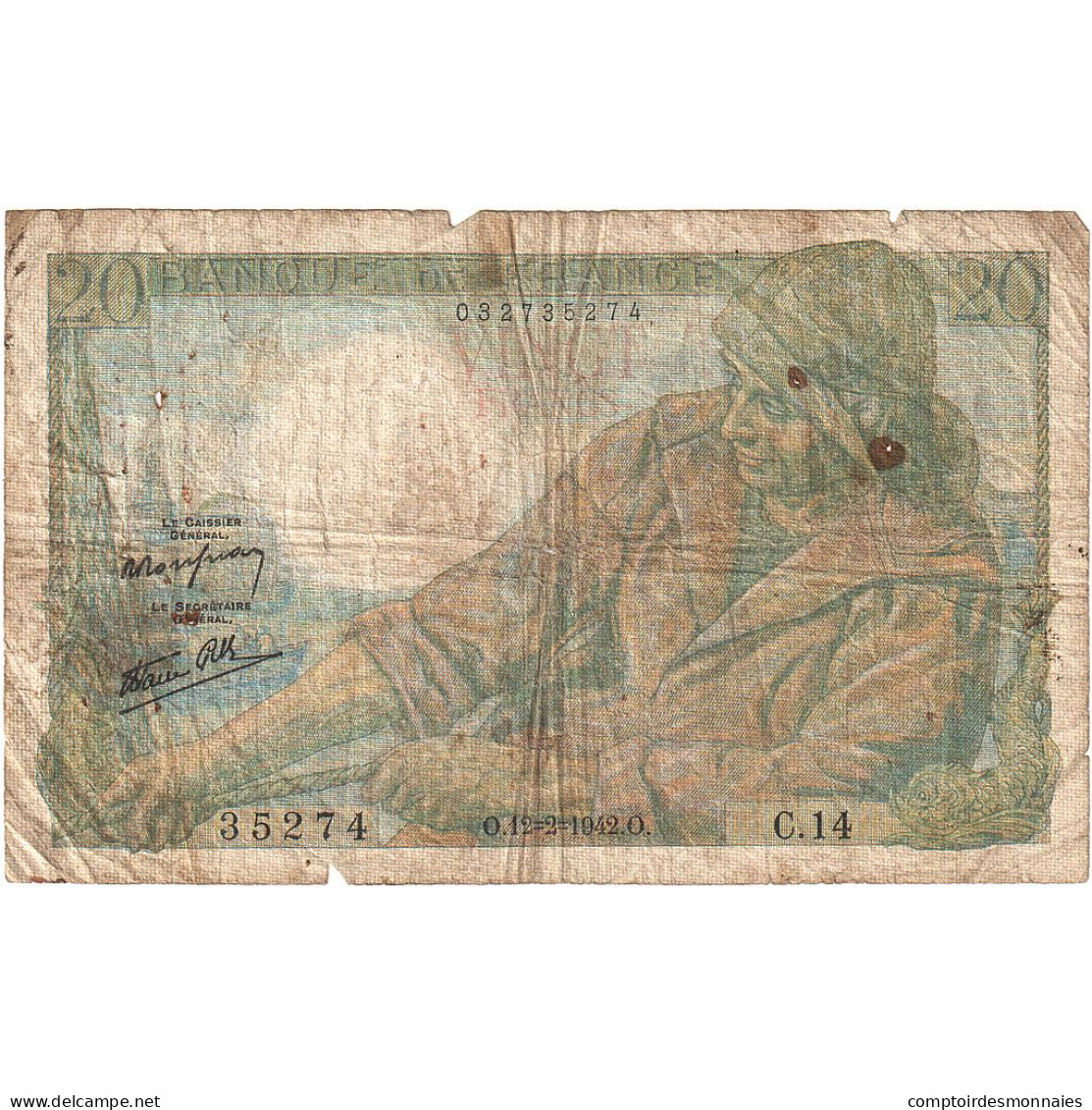 France, 20 Francs, Pêcheur, 1942, C.14, AB, Fayette:13.1, KM:100a - 20 F 1942-1950 ''Pêcheur''