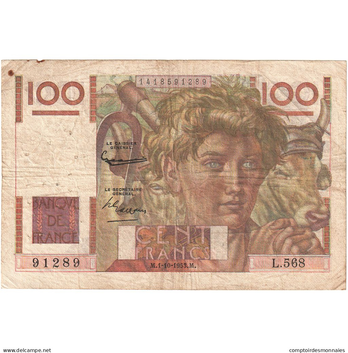 France, 100 Francs, Jeune Paysan, 1953, L.568, TB, Fayette:28.39, KM:128d - 100 F 1945-1954 ''Jeune Paysan''