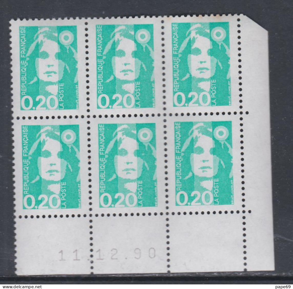 France N° 2618 XX Marianne De Briat  20 C. émeraude En Bloc De 6 Coin Daté Du  11 - 12 - 90  Sans Charnière TB - 1980-1989