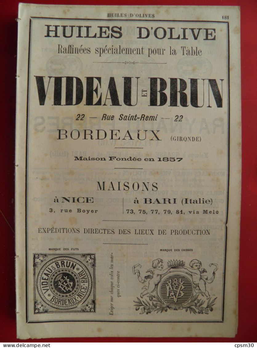 PUB 1884 - Huiles D'Olive Videau-Brun Rue St Rémi 33 Bordeaux, Raynaud 83 Var 06 Grasse & Pise Bari (Italie) - Publicités