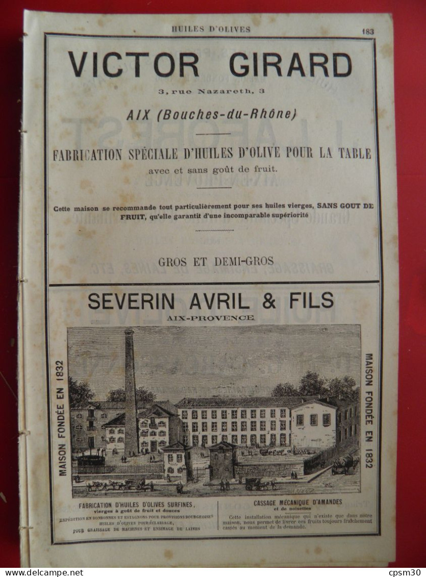 PUB 1884 - Huiles D'Olive Victor Girard Rue Nazareth, Severin, J Laforest 13 Aix En Provence, D & G Carcassonne 13 Salon - Publicités