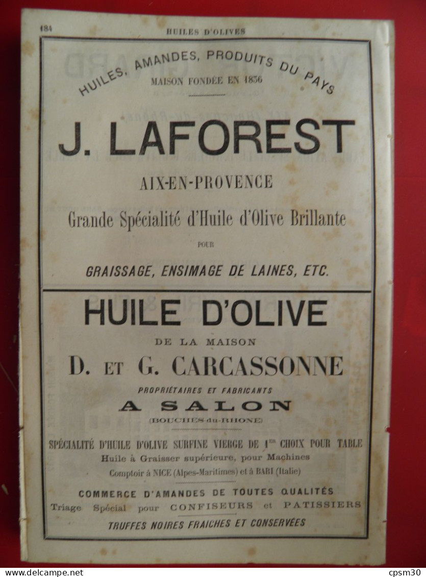 PUB 1884 - Huiles D'Olive Victor Girard Rue Nazareth, Severin, J Laforest 13 Aix En Provence, D & G Carcassonne 13 Salon - Publicités