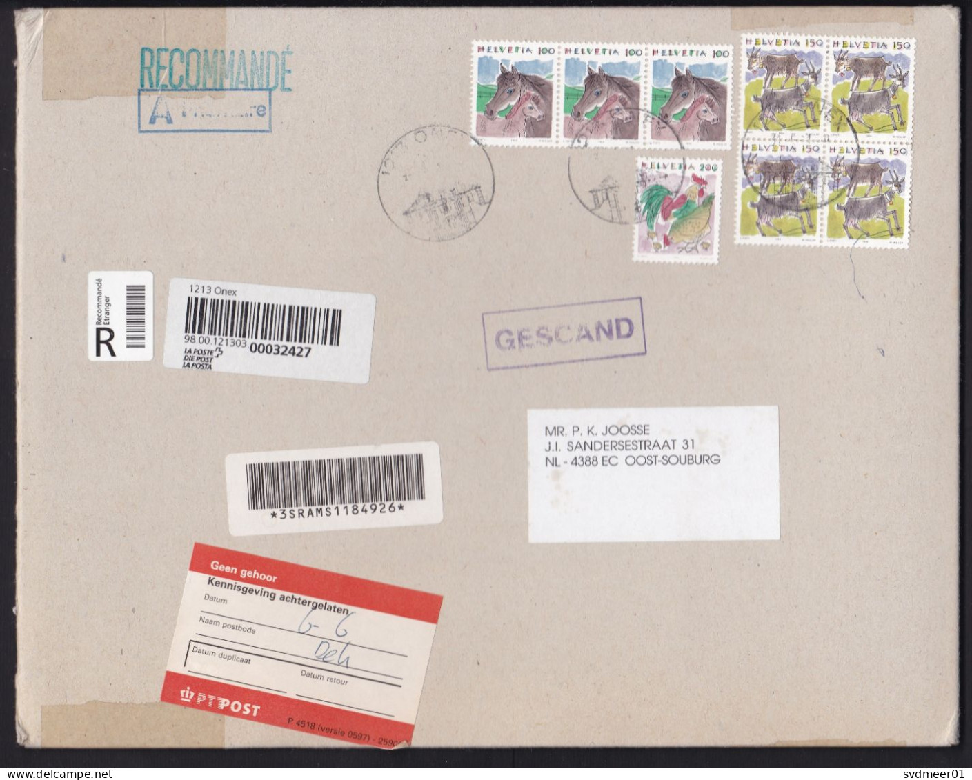 Switzerland: Cardboard Cover To Netherlands, 2001, 8 Stamps, Label Not At Home, Form At Back, Scanned (minor Damage) - Brieven En Documenten