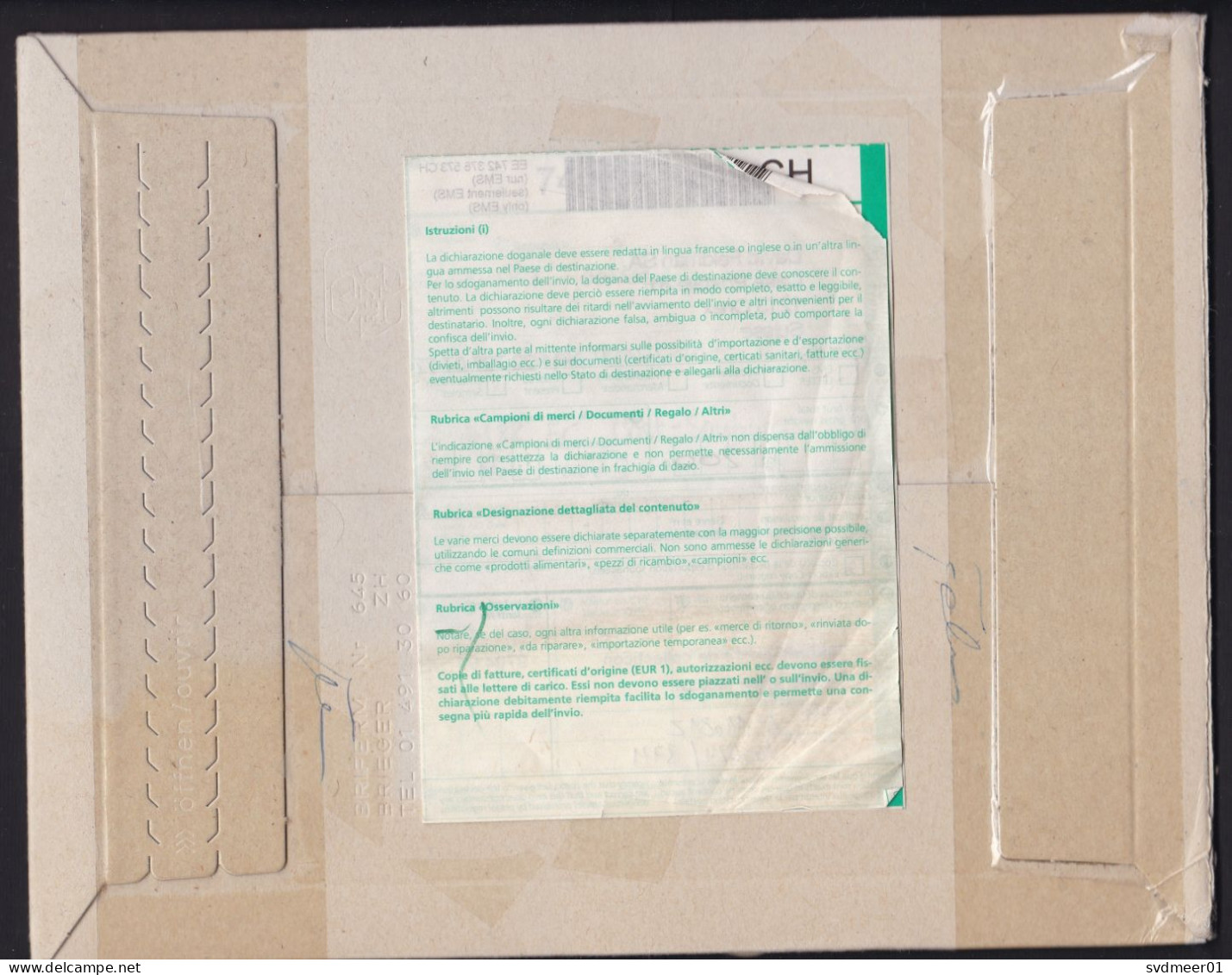 Switzerland: Cardboard Cover To Netherlands, 2001, 8 Stamps, Label Not At Home, Form At Back, Scanned (minor Damage) - Briefe U. Dokumente