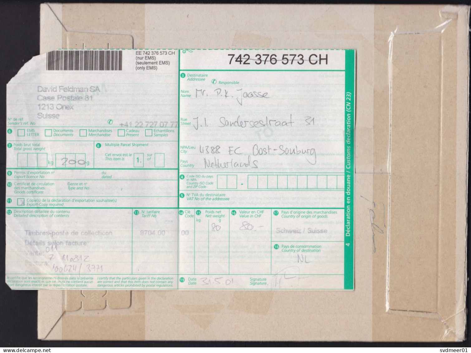 Switzerland: Cardboard Cover To Netherlands, 2001, 8 Stamps, Label Not At Home, Form At Back, Scanned (minor Damage) - Brieven En Documenten