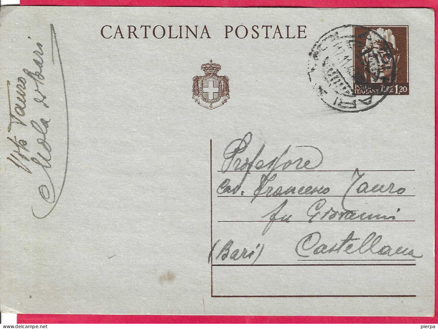 INTERO CARTOLINA POSTALE TURRITA LIRE 1,20 STEMMA (INT.117) DA MOLA DI BARI*11.11.45* PER CASTELLANA - Marcophilie