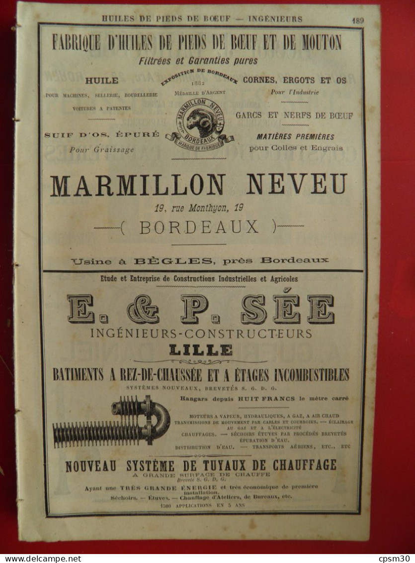 PUB 1884 - Huile Pied De Boeuf Et Mouton Marmillon Rue Monthyon 33 Bordeaux, E&P Sée 59 Lille, Lahousse Rouen, Guerin 13 - Publicités