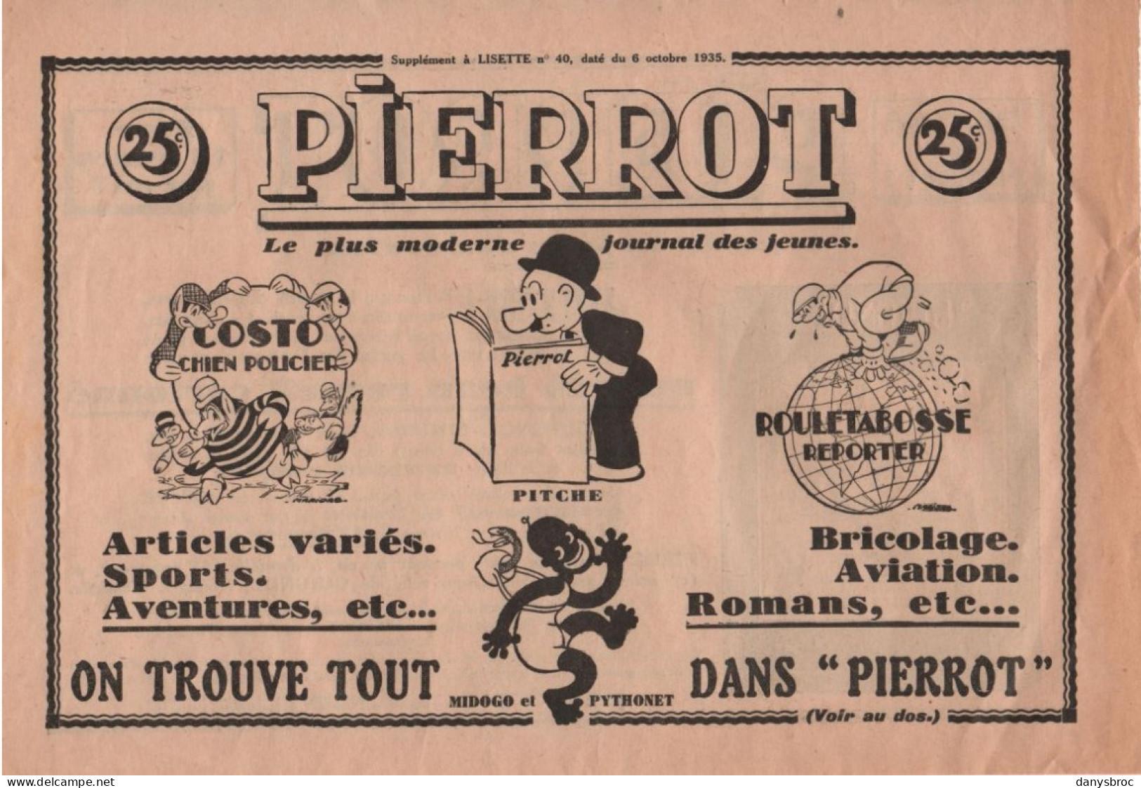 PUB  Illustrée  PIERROT Journal Des Jeunes - COSTO - ROULETABOSSE - PITCHE - GUIGNOL - MIGODO Et PYTONET - Affiches