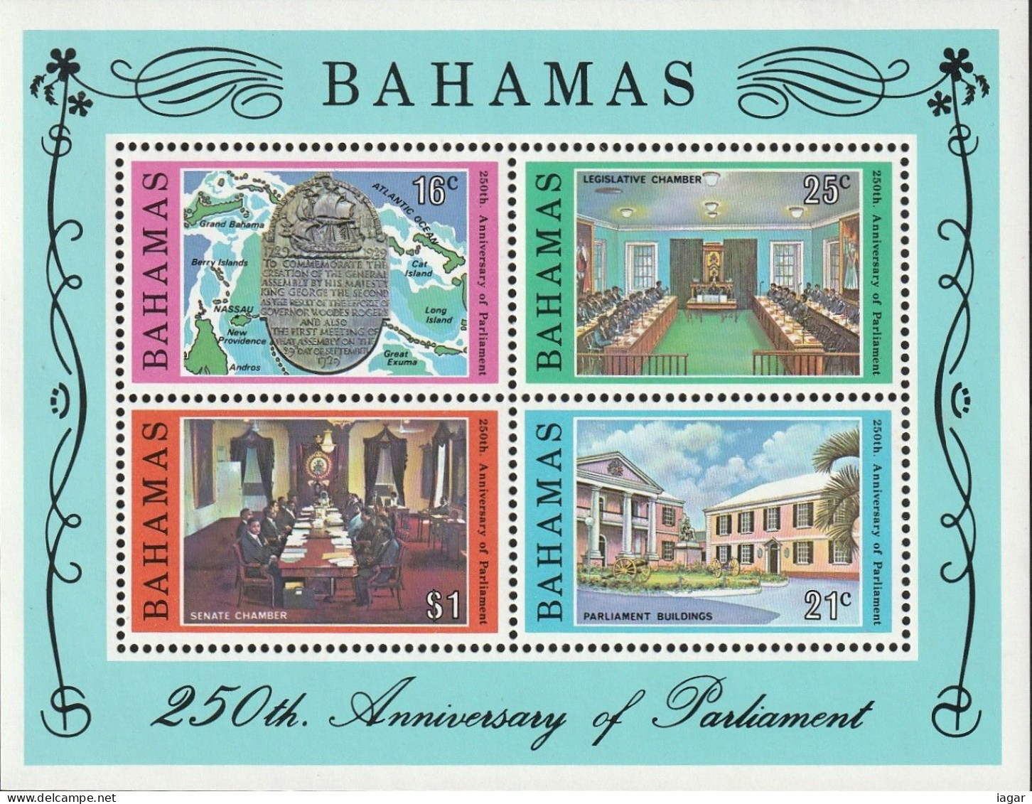 THEMATIC ARCHITECTURE:  MAP OF BAHAMS AND PARLIAMENT BUILDING. LEGISLATIVE AND SENATE CHAMBERS    4v+MS   -   BAHAMAS - Otros & Sin Clasificación