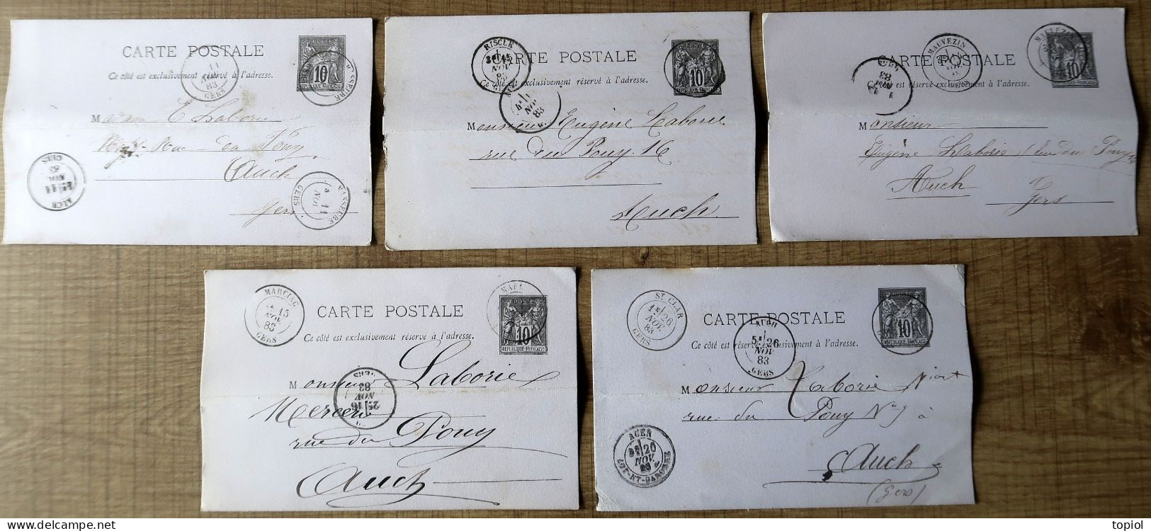 Lot De 5 Cartes Postales Entier Postaux 10c Type Sage. Carton Violet (Oblitération Du Gers) - Collections & Lots: Stationery & PAP