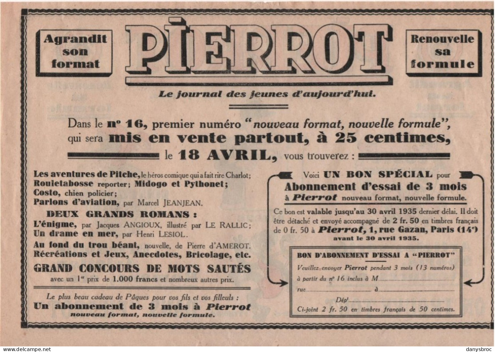 PUB PIERROT Journal Des Jeunes - COSTO - ROULETABOSSE - PITCHE - GUIGNOL - MIGODO Et PYTONET - Affiches