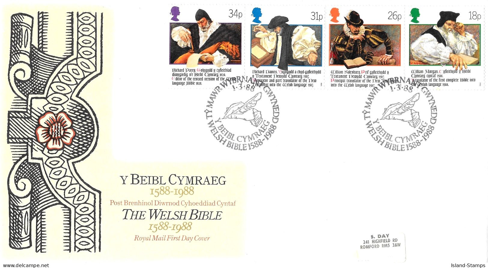 1988 Welsh Bible (2) Addressed FDC Tt - 1981-1990 Em. Décimales