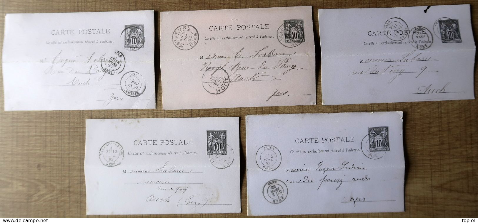 Lot De 5 Cartes Postales Entier Postaux 10c Type Sage. Carton Violet (Oblitération Du Gers) - Verzamelingen En Reeksen: PAP