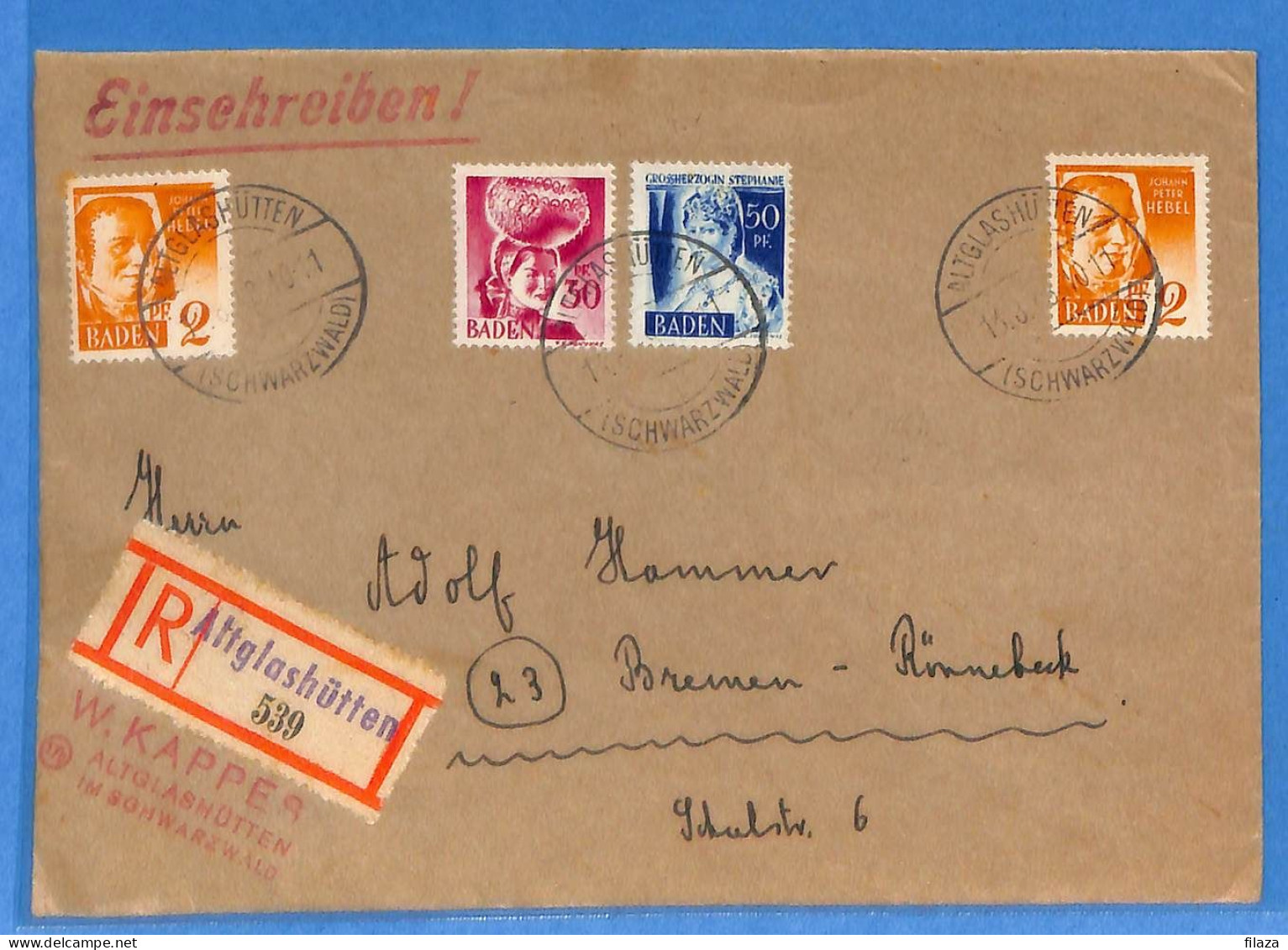 Allemagne Zone Française 1948 - Lettre Einschreiben De Altglashutten - G30087 - Autres & Non Classés