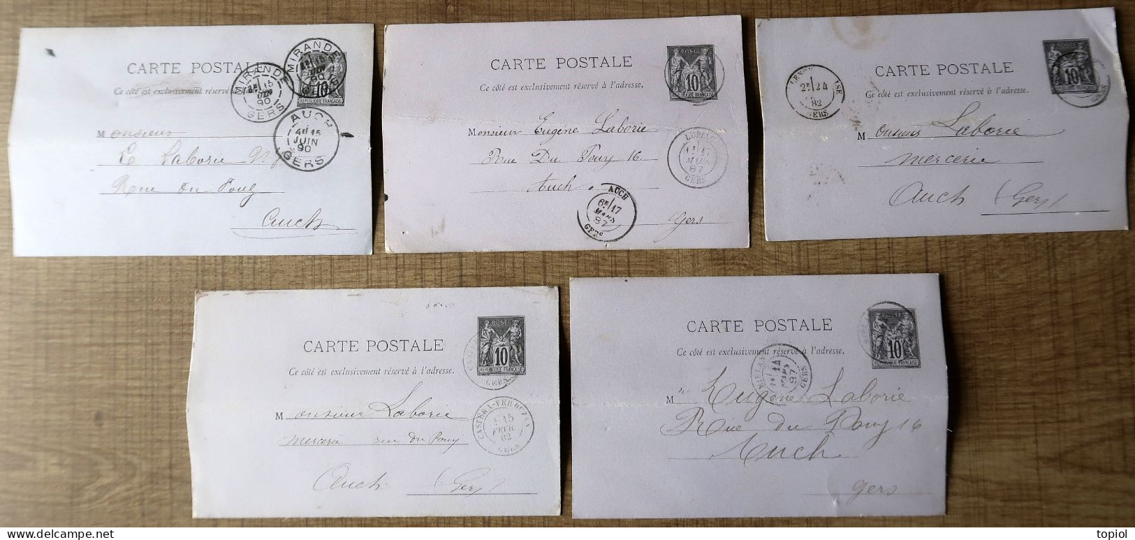 Lot De 5 Cartes Postales Entier Postaux 10c Type Sage. Carton Violet (Oblitération Du Gers) - Lots Et Collections : Entiers Et PAP