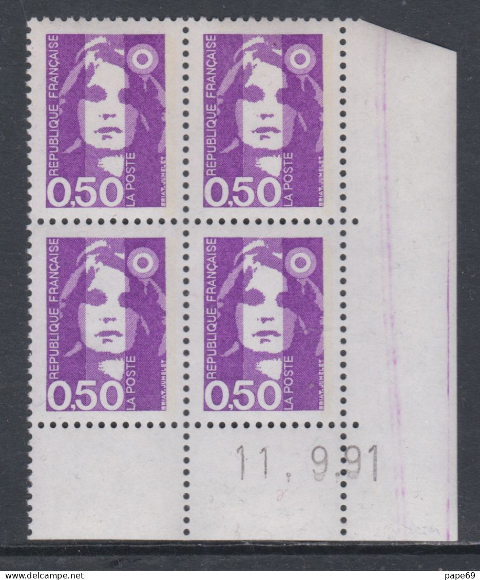 France N° 2619 XX  Briat  50 C. Violet-rouge En Bloc De 4 Coin Daté Du 11 - 9 - 91 ; Gomme Légèrement Altérée Sinon TB - 1980-1989