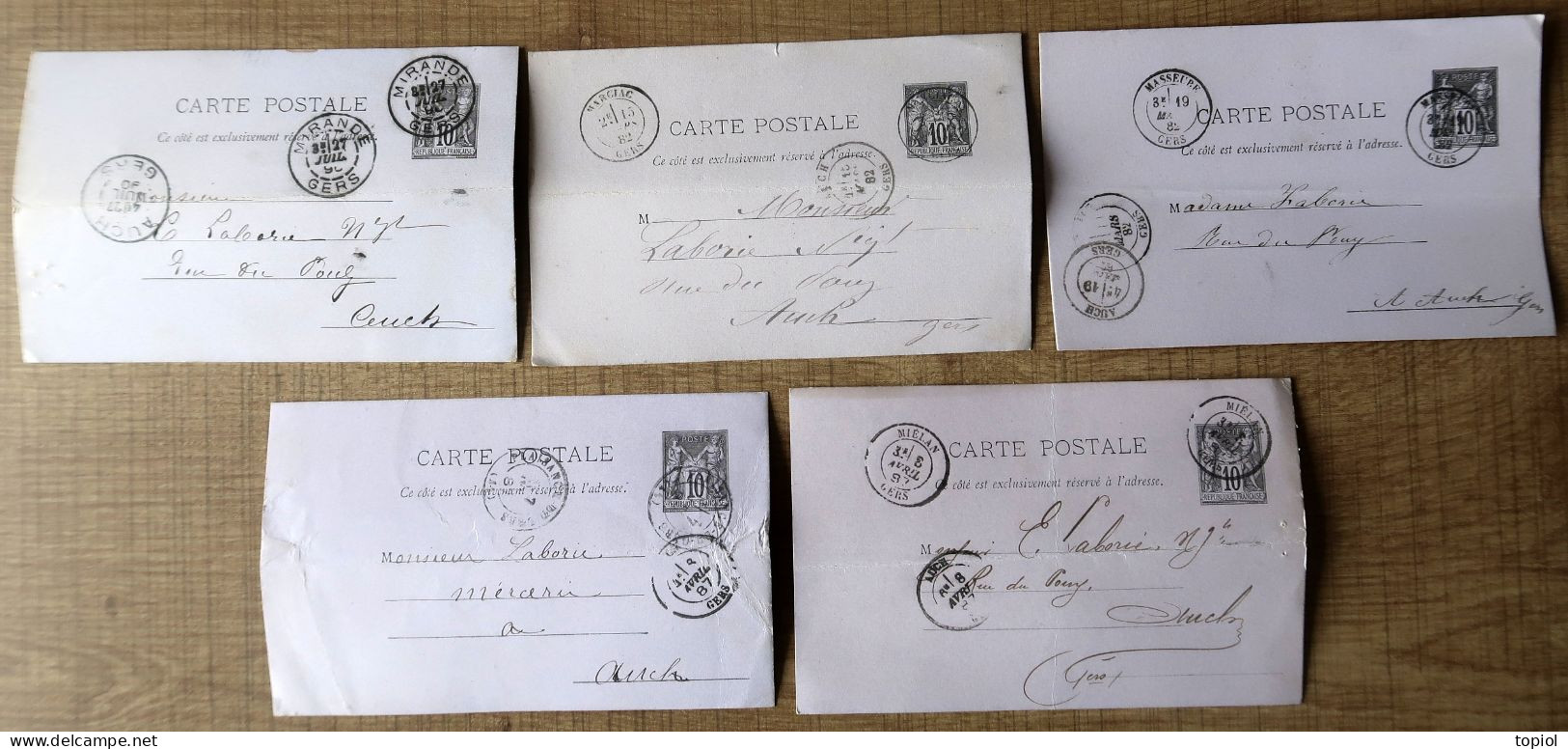 Lot De 5 Cartes Postales Entier Postaux 10c Type Sage. Carton Violet (Oblitération Du Gers) - Konvolute: Ganzsachen & PAP