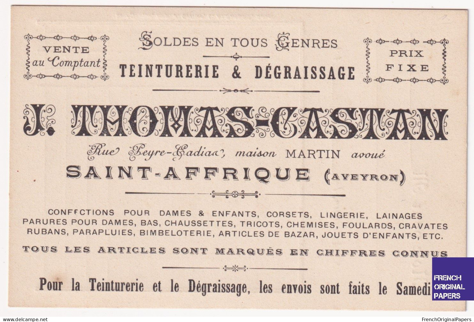 TBE - Rare Facture Type Carte De Visite 1900s Teinturerie J. Thomas-Castan Saint-Affrique Aveyron Publicité A51-15 - Cartoncini Da Visita
