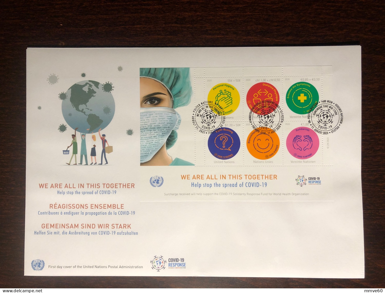UNITED NATIONS UN UNO NY VIENNA GENEVA FDC COVER 2020 YEAR COVID HEALTH MEDICINE STAMPS - Emisiones Comunes New York/Ginebra/Vienna