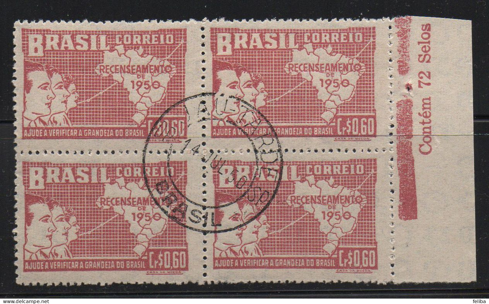 Brazil 1950 First Day Cancel On Block Of 4 - Unused Stamps