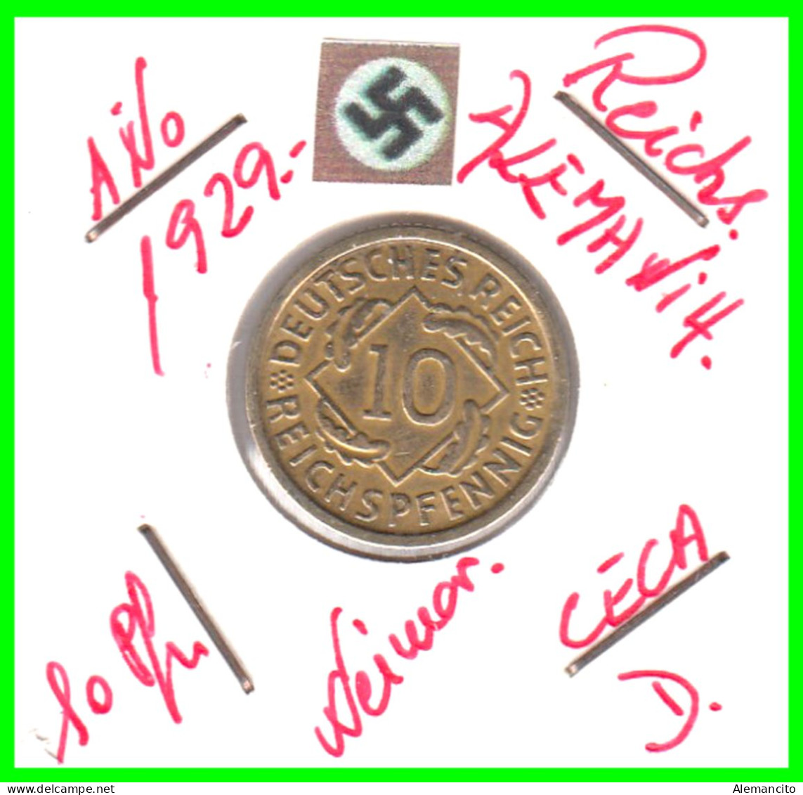 GERMANY REPÚBLICA DE WEIMAR 10 PFENNIG DE PENSIÓN ( 1929 CECA - D ) MONEDA DEL AÑO 1923-1936 (RENTENPFENNIG KM # 32 - 10 Rentenpfennig & 10 Reichspfennig