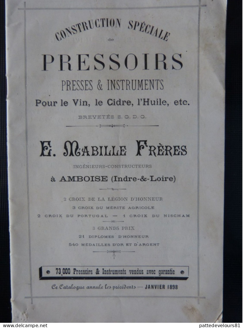 Catalogue De 1898 (37) AMBOISE Ets MABILLE FRERES Constructeur Pressoir Presse Instrument Vin Cidre Huile D'Olive - Supplies And Equipment
