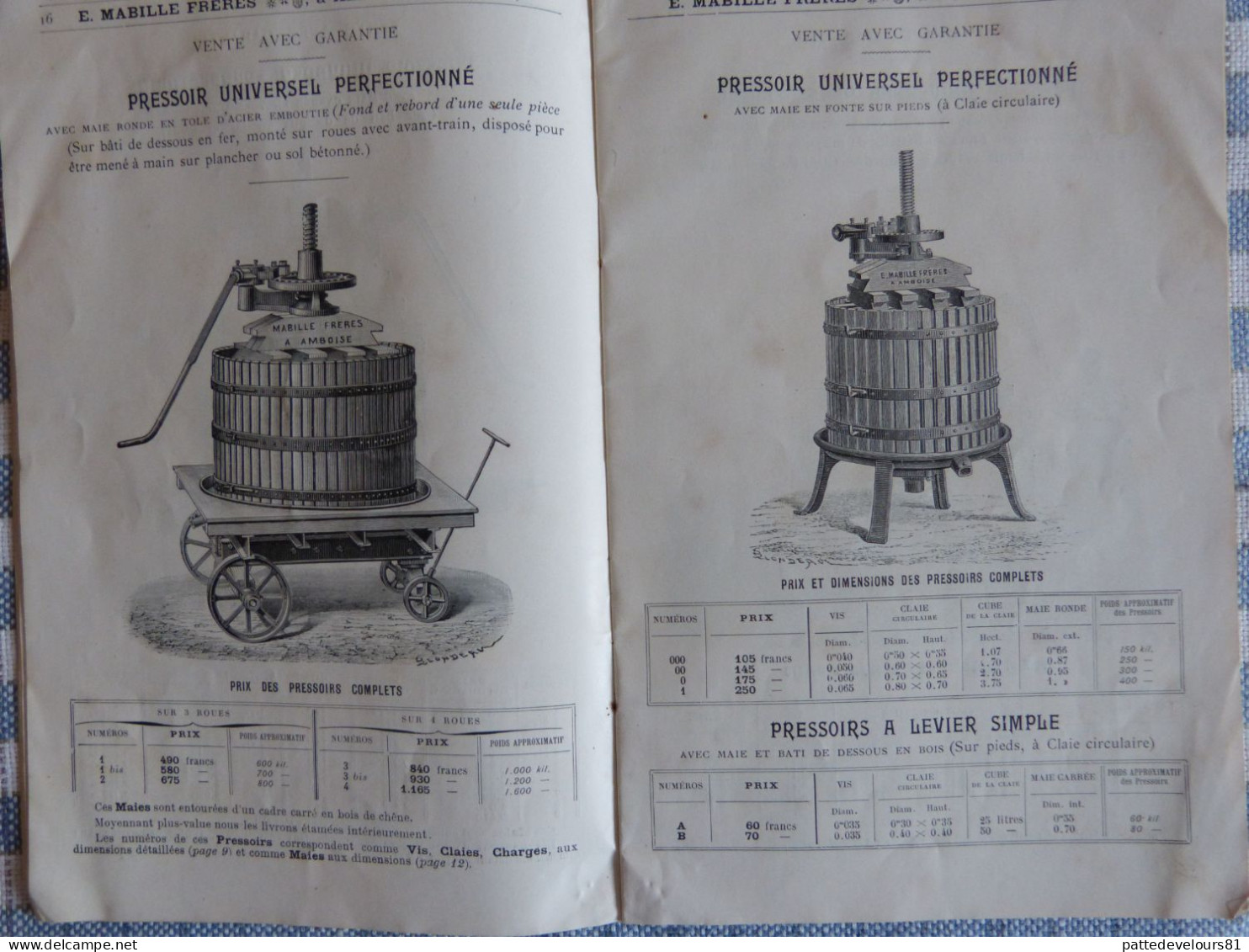 Catalogue De 1898 (37) AMBOISE Ets MABILLE FRERES Constructeur Pressoir Presse Instrument Vin Cidre Huile D'Olive - Supplies And Equipment