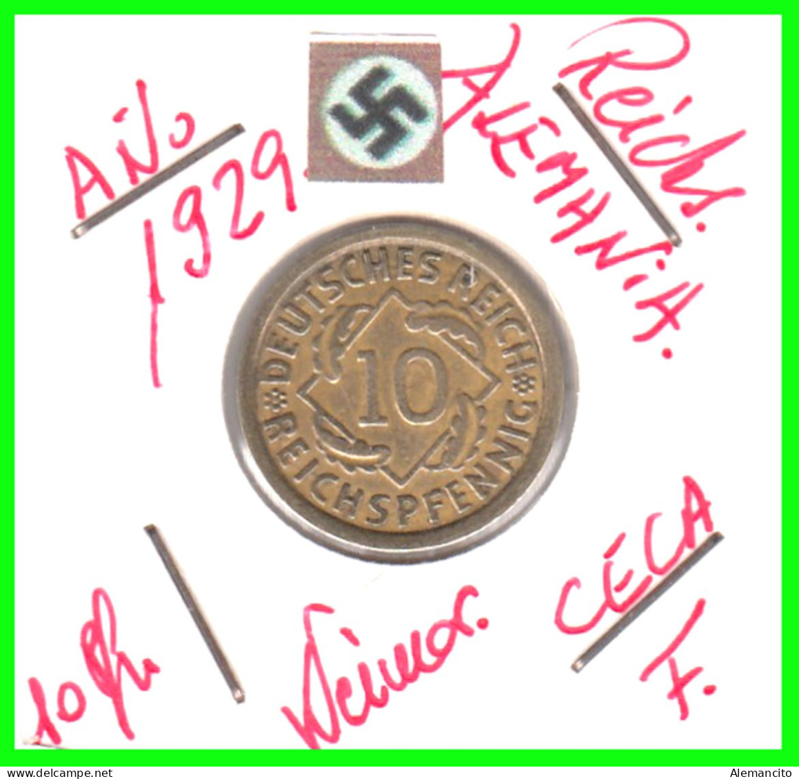 GERMANY REPÚBLICA DE WEIMAR 10 PFENNIG DE PENSIÓN ( 1929 CECA - F ) MONEDA DEL AÑO 1923-1936 (RENTENPFENNIG KM # 32 - 10 Rentenpfennig & 10 Reichspfennig