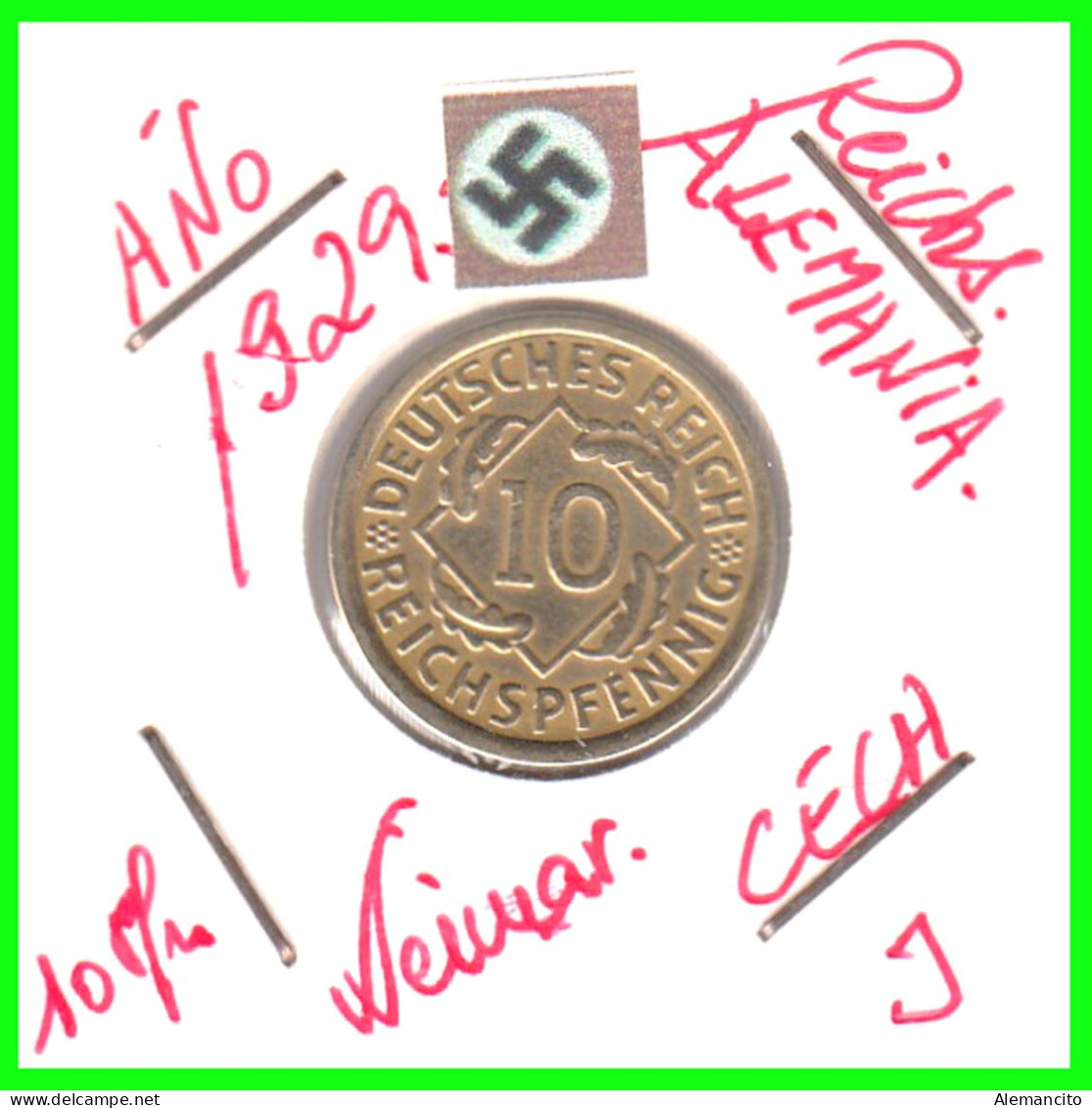 GERMANY REPÚBLICA DE WEIMAR 10 PFENNIG DE PENSIÓN ( 1929 CECA - J ) MONEDA DEL AÑO 1923-1936 (RENTENPFENNIG KM # 32 - 10 Renten- & 10 Reichspfennig