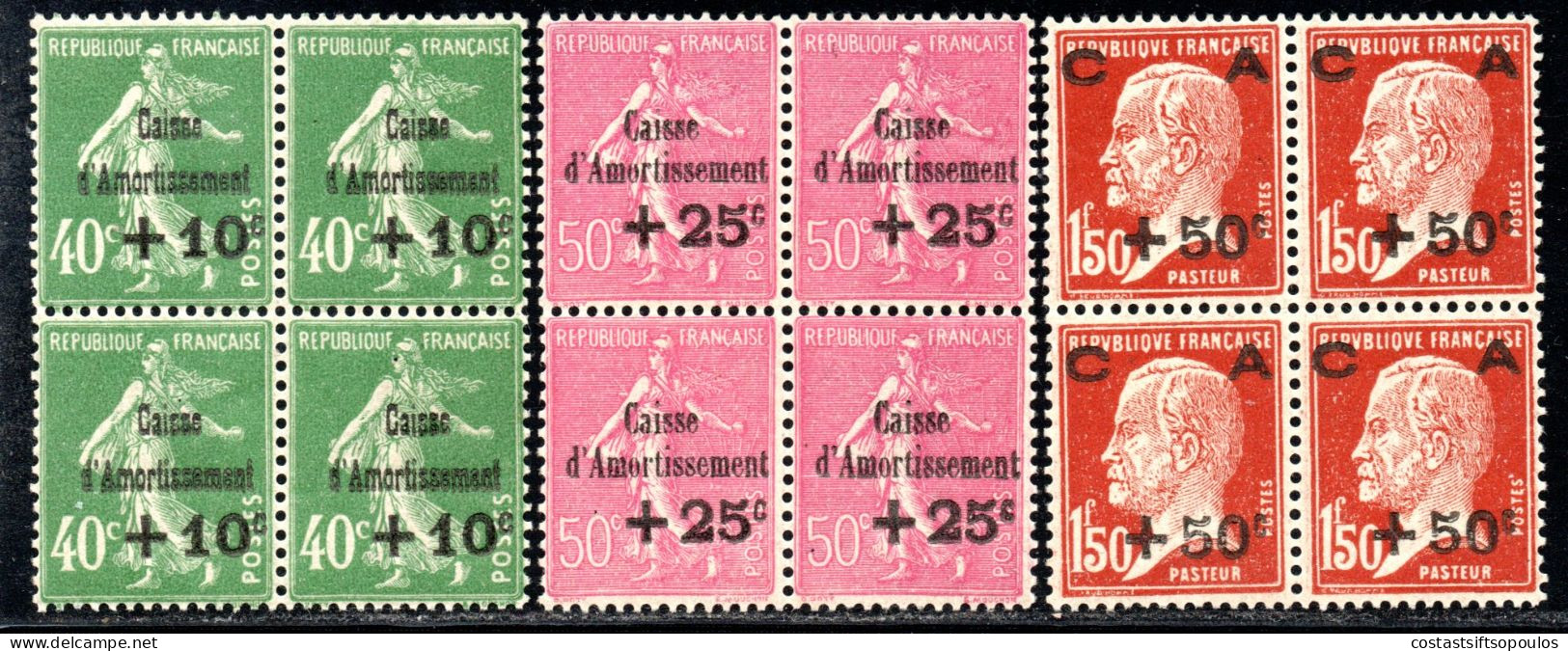 2614.FRANCE 1929 SINKING FUNDS #253-255 MNH BLOCKS OF 4,2-3 INVISIBLE TRACES OF HINGE.SEE VERY LIGHT GUM BLEMISHES - 1927-31 Caisse D'Amortissement