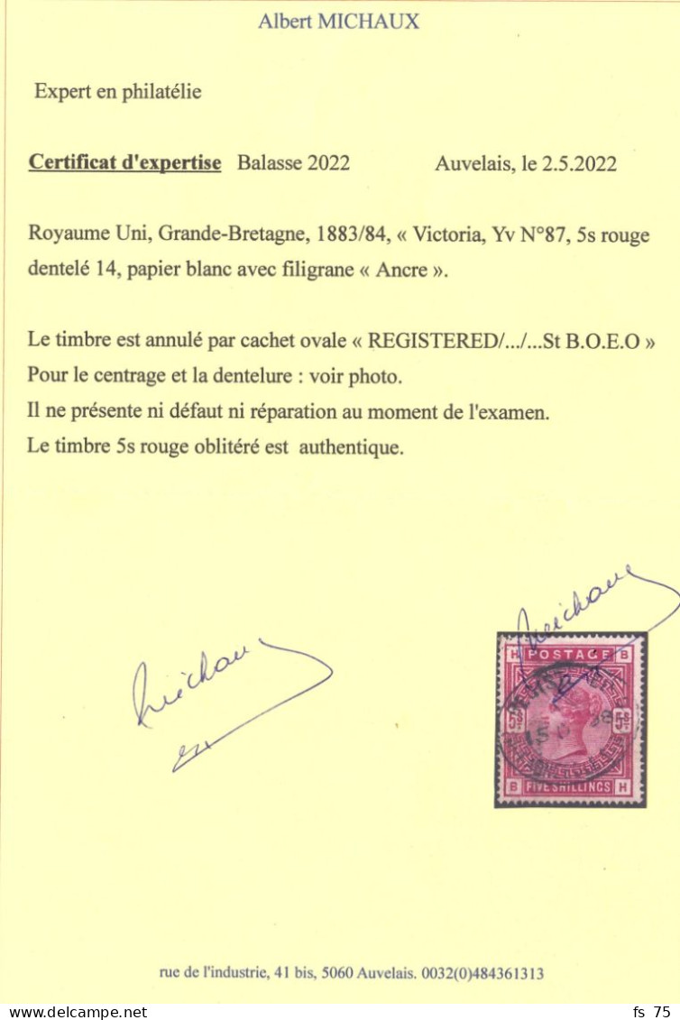 GRANDE BRETAGNE - YVERT 87 - 5 SHILLINGS ROUGE - VICTORIA - OBLITERE - CERTIFICAT - Gebruikt